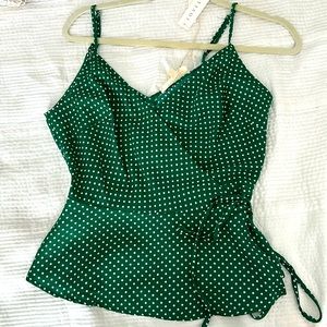 Green Polka Dot Peplum wrap top , size Medium